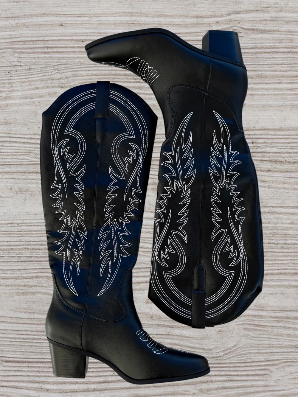 SHEIN Black Faux Leather Embroidered Flame/Leaf Knee-High Western Boots CN40/8